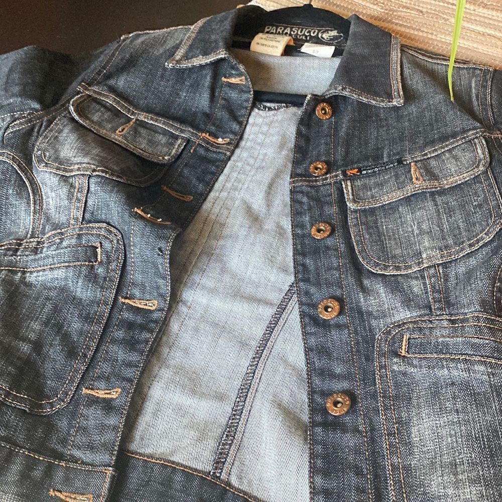 EUC parasuco denim cult grey denim jean jacket size s fits more like XS